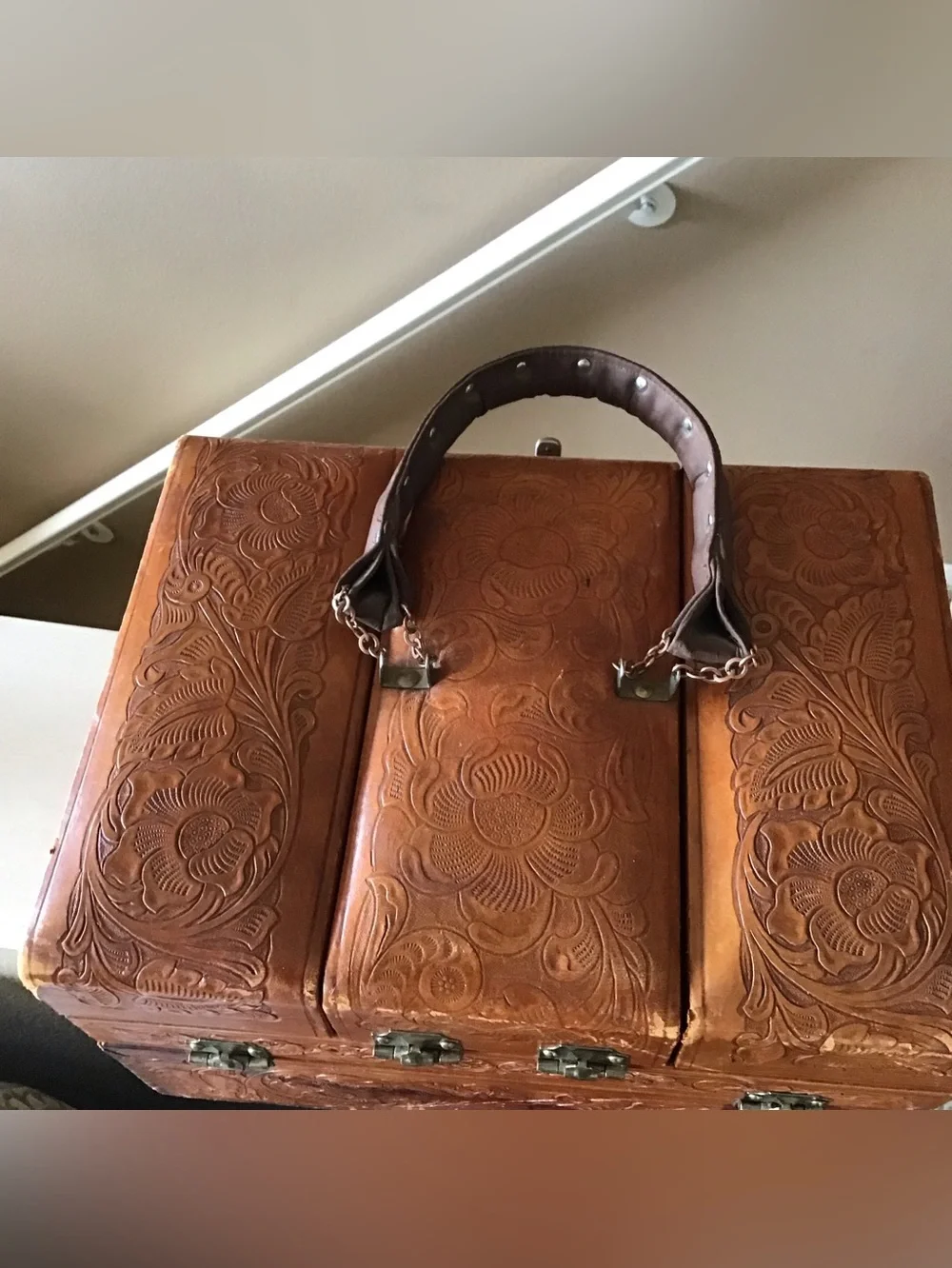 Vintage Tooled Leather Mexican Travel Vanity Train Case